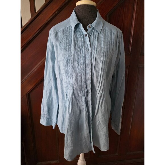 Sundance Womens Pleated Blue Linen Button-Up Shirt PXL - Picture 1 of 7